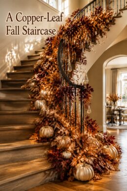 copper leaf fall staircase layered with glowing garland metallic pumpkins and hanging teardrop ornaments