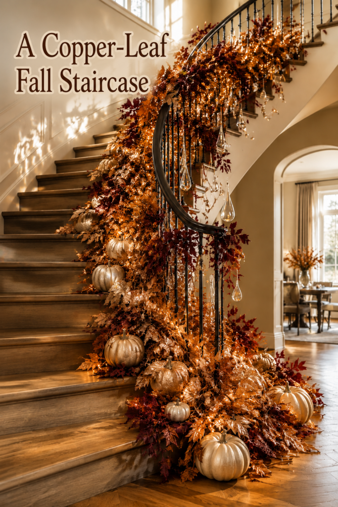 copper leaf fall staircase layered with glowing garland metallic pumpkins and hanging teardrop ornaments