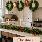 copper and cedar Christmas kitchen with warm headline over the wood island cabinetry