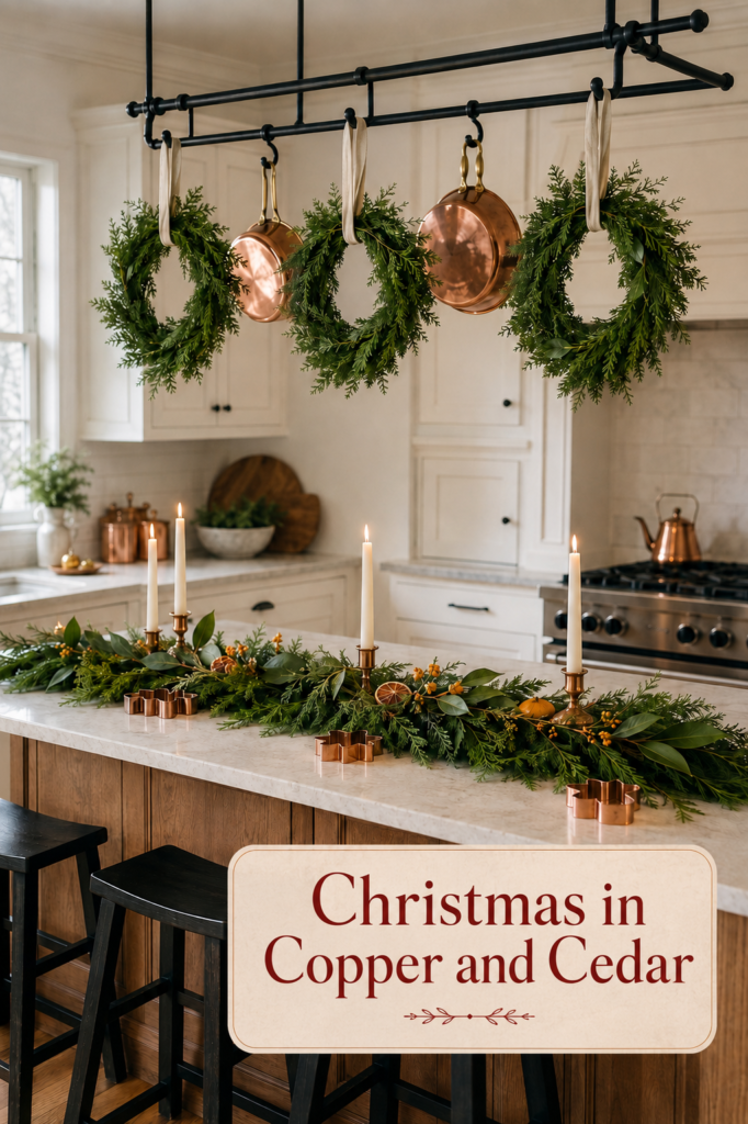 copper and cedar Christmas kitchen with warm headline over the wood island cabinetry