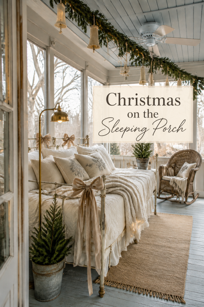 Cozy winter sleeping porch with antique iron bed miniature fir trees brass reading lamp and wicker rocking chair