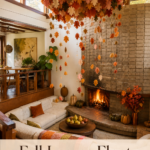 Fall fireside den with floating felt leaves brick fireplace warm textiles and a charming editorial title panel