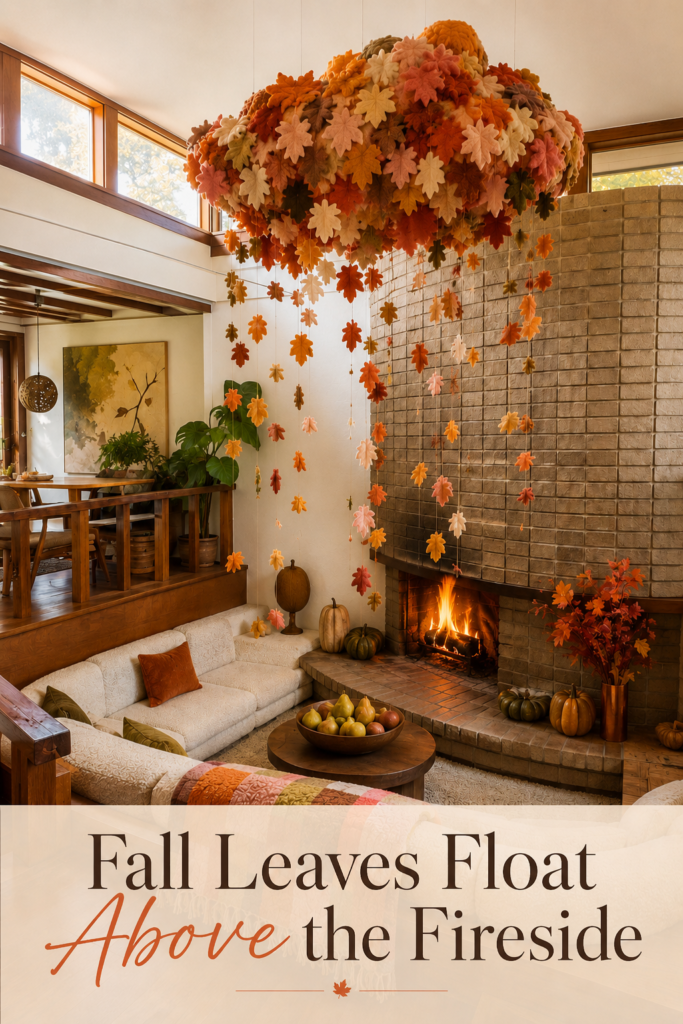Fall fireside den with floating felt leaves brick fireplace warm textiles and a charming editorial title panel