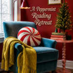 peppermint reading retreat with a striped candy pillow teal armchair and playful Christmas accents
