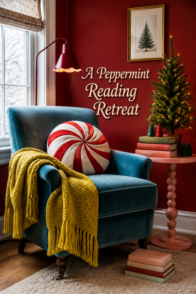 peppermint reading retreat with a striped candy pillow teal armchair and playful Christmas accents