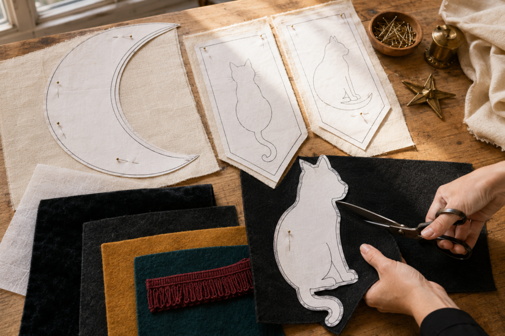 Crescent moon and cat banner cutting