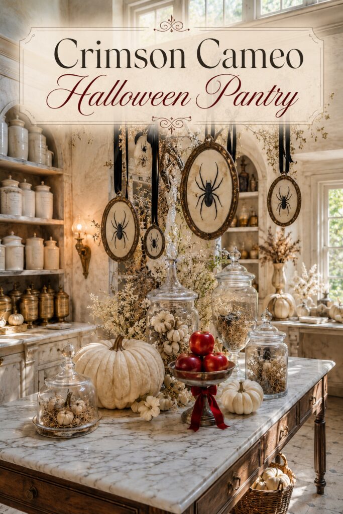 Crimson Cameo Halloween Pantry with spider portraits black ribbons ivory pumpkins and red apples