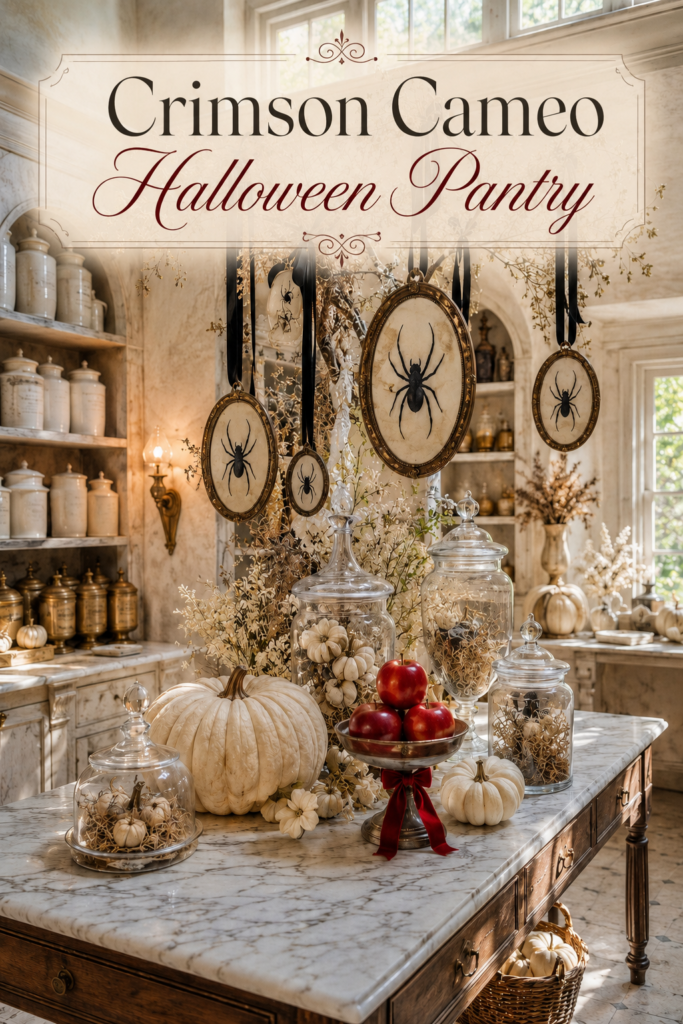 Crimson Cameo Halloween Pantry with spider portraits black ribbons ivory pumpkins and red apples