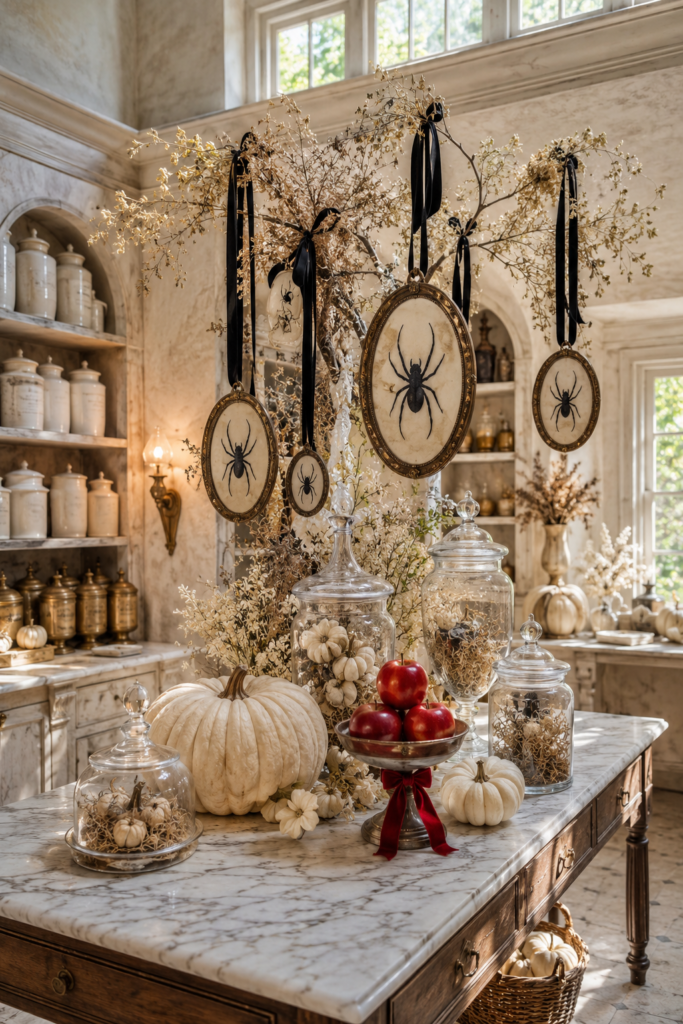 Elegant Halloween pantry with hanging spider cameos glass apothecary jars ivory pumpkins and crimson apples