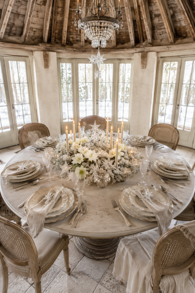 Crystal star Christmas round table with white flowers frosted greenery glowing tapers scalloped dishes and linen napkins
