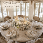 Crystal Star Christmas Table title above a round winter tablescape with candles clear stars and layered cream place settings