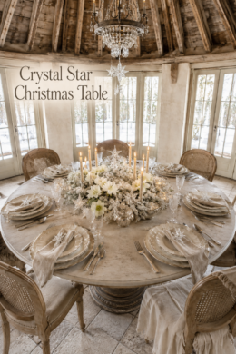 Crystal Star Christmas Table title above a round winter tablescape with candles clear stars and layered cream place settings