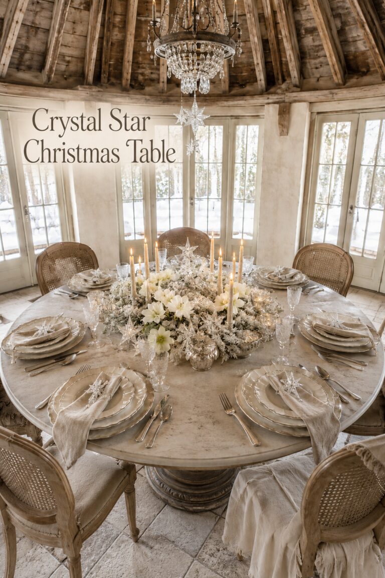 Crystal Star Christmas Table title above a round winter tablescape with candles clear stars and layered cream place settings