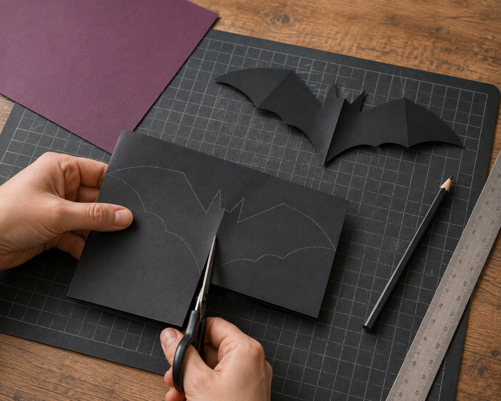 Cutting a folded paper bat template out of black construction paper