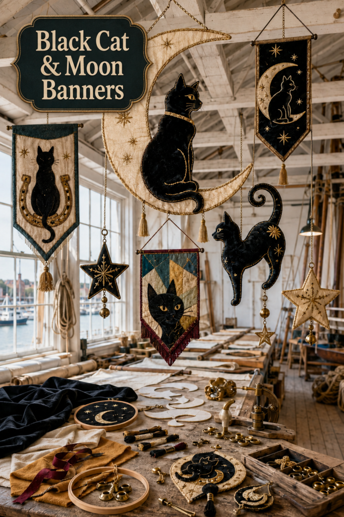 DIY Halloween Black Cat and Moon Banners in wool felt and velvet with gold trim