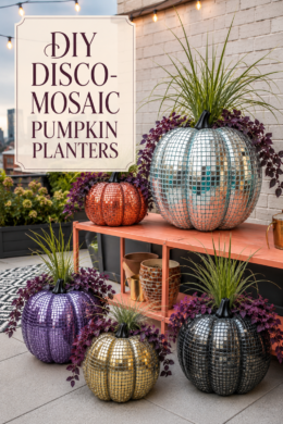 DIY disco-mosaic pumpkin planters
