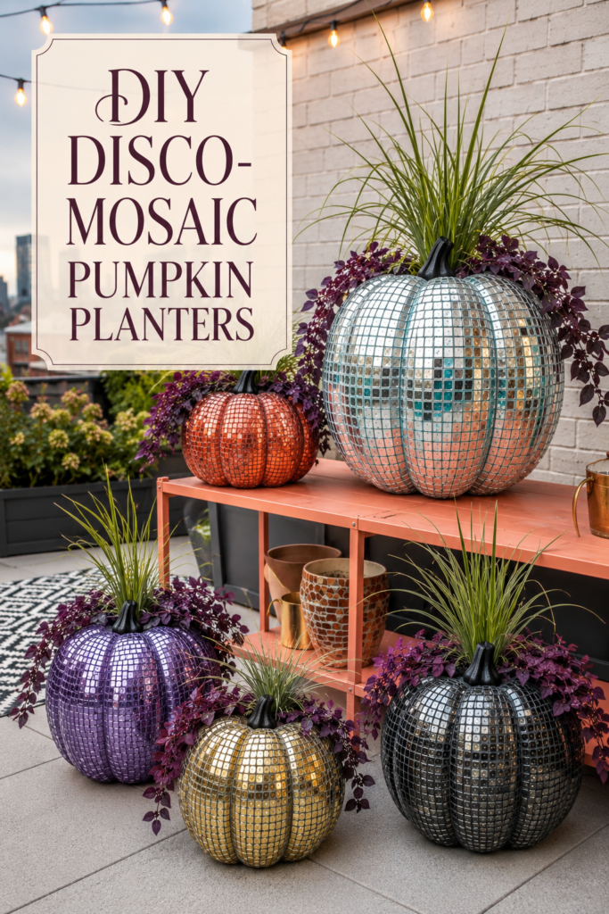 DIY disco-mosaic pumpkin planters