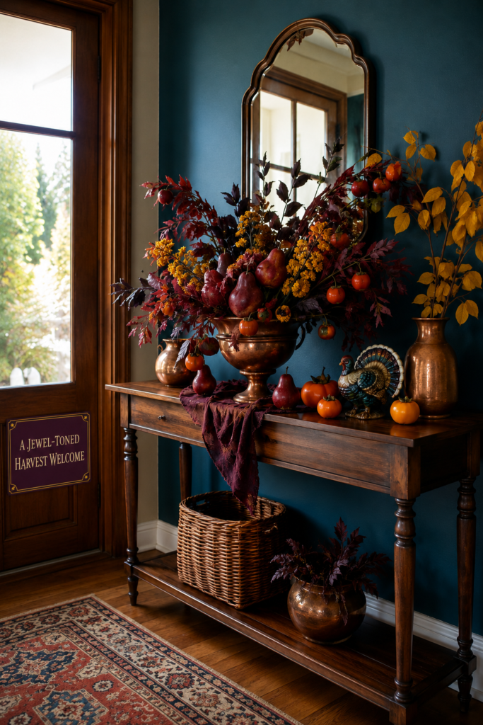 Dark Blue Color Drenched Thanksgiving and Fall Entry Table