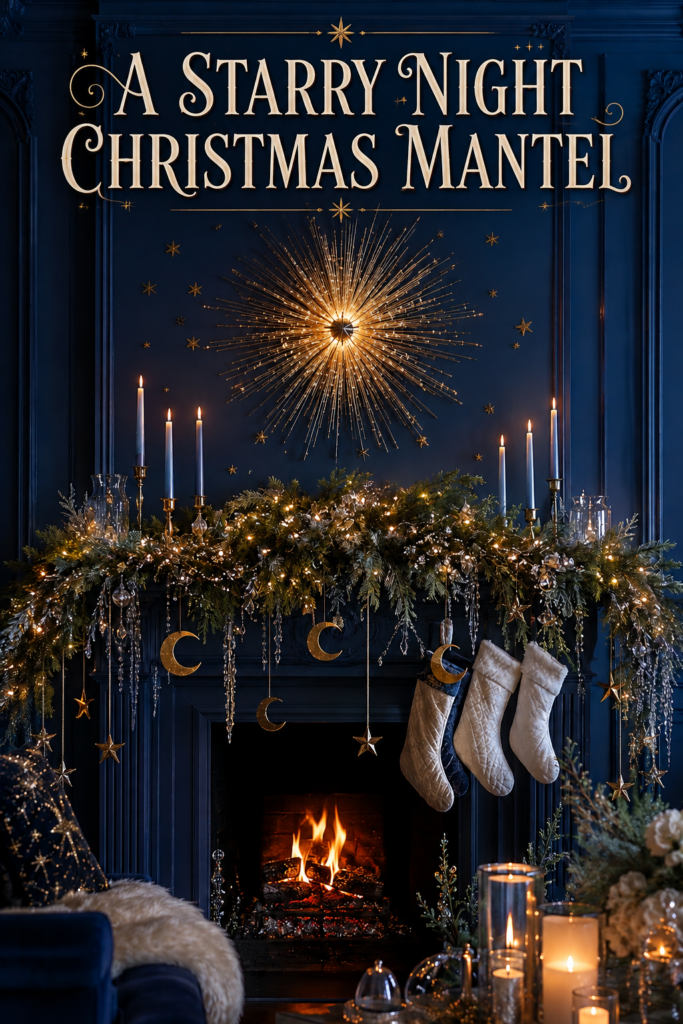 Dark Blue and Star Lights Christmas Mantel