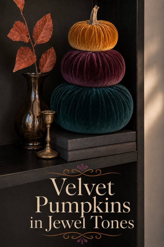 Dark Jewel Toned Stuffed Pumpkin Stack on Shelf