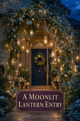 Door Decorated with Boughs Lanterns and Christmas Ornaments