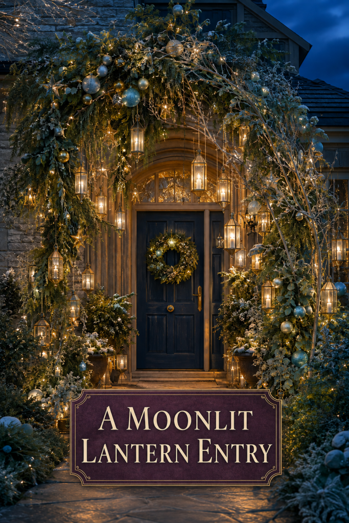 Door Decorated with Boughs Lanterns and Christmas Ornaments