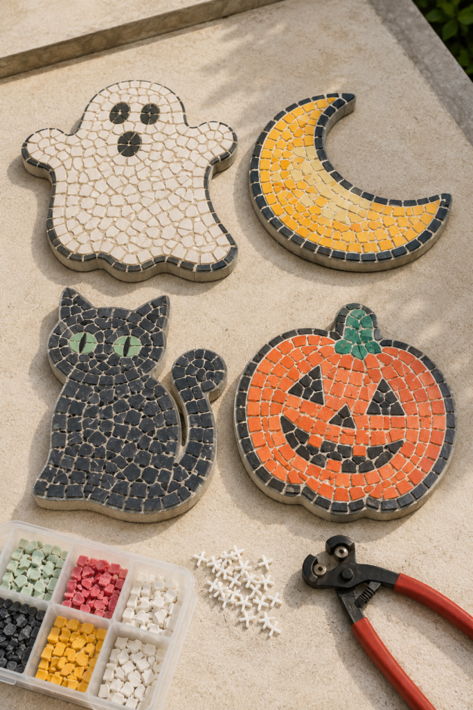 Dry-Fitting Four Halloween Mosaic Pavers