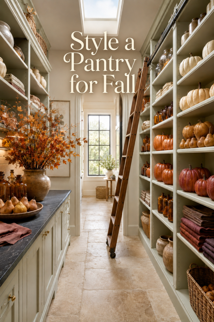 Elegant Autumn Pantry with Wall of Gradient Pumpkins