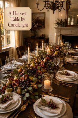 Elegant Thanksgiving Table with Fruits Greenery and Candles