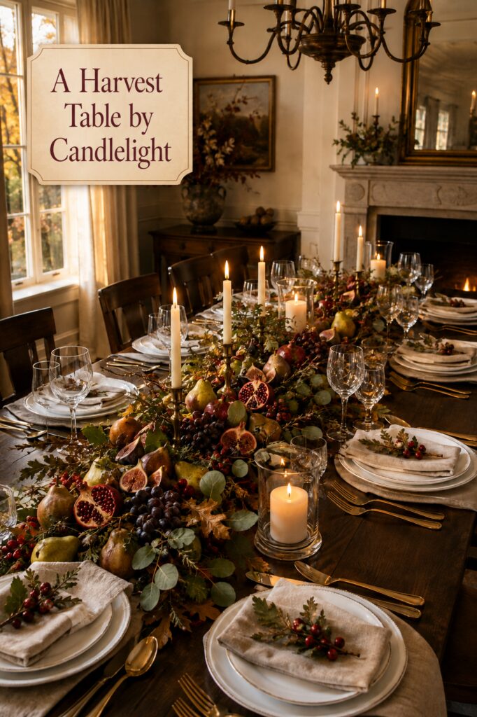 Elegant Thanksgiving Table with Fruits Greenery and Candles
