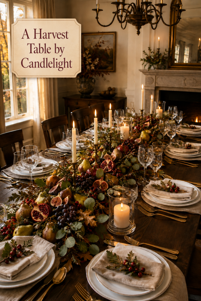 Elegant Thanksgiving Table with Fruits Greenery and Candles