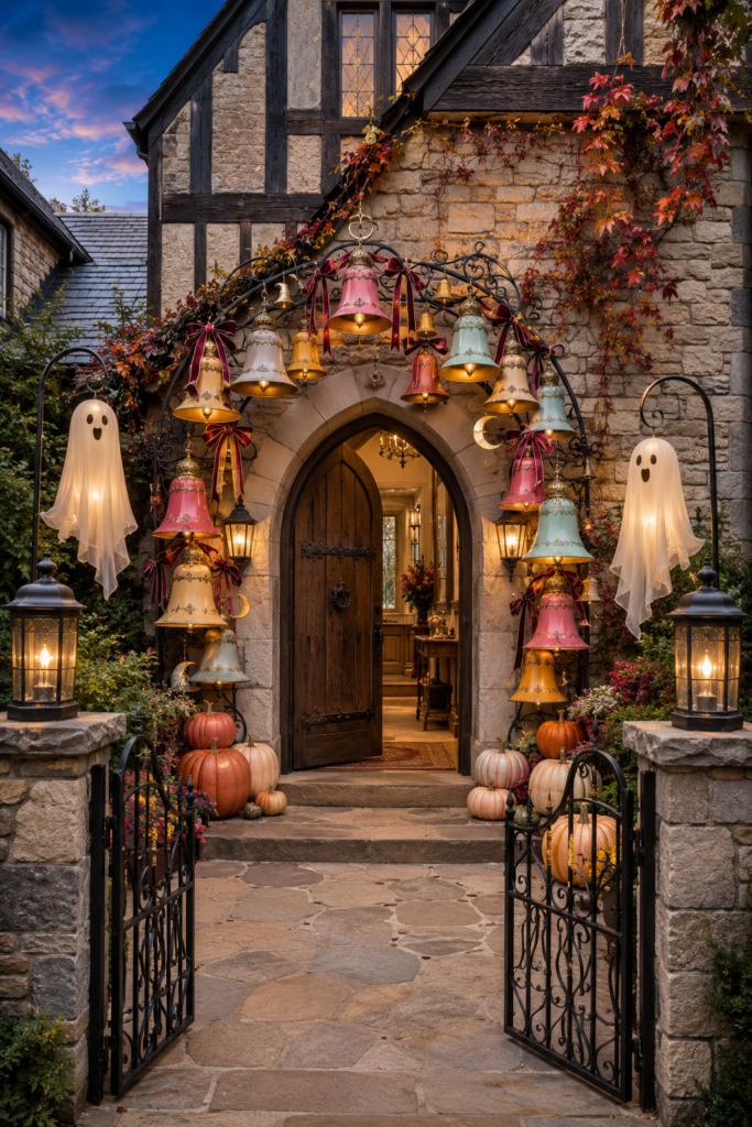 Candy toned bell arch with glowing ghosts pumpkins and lanterns at a Tudor Halloween courtyard entry