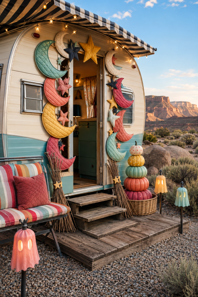 Enchanted candy moon camper entry with quilted stars stacked pastel pumpkins and glowing Halloween ghosts