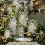 Enchanted Halloween ghost garden under glass with planted white ghosts woodland greenery and warm editorial title