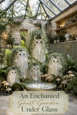 Enchanted Halloween ghost garden under glass with planted white ghosts woodland greenery and warm editorial title