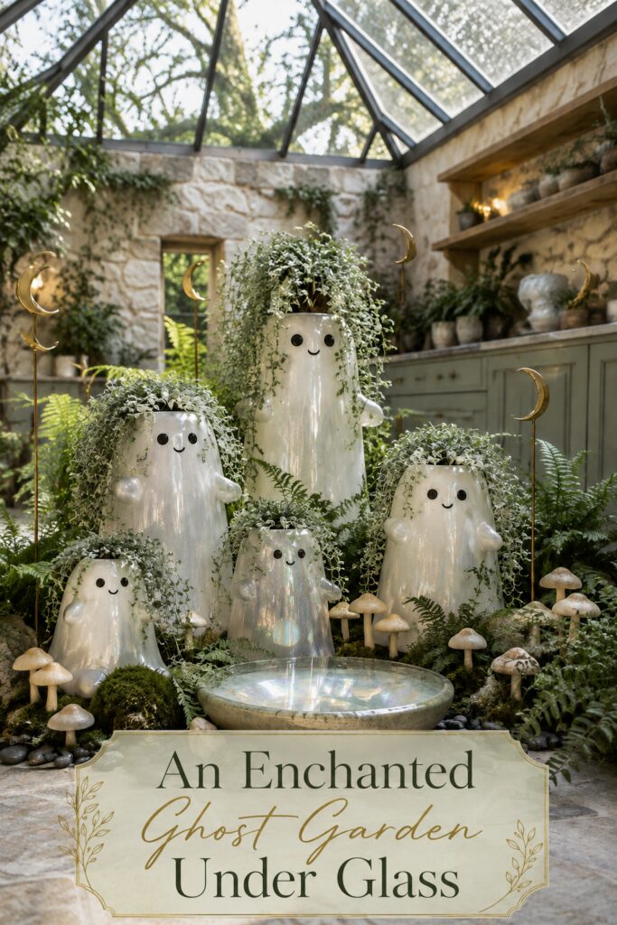 Enchanted Halloween ghost garden under glass with planted white ghosts woodland greenery and warm editorial title