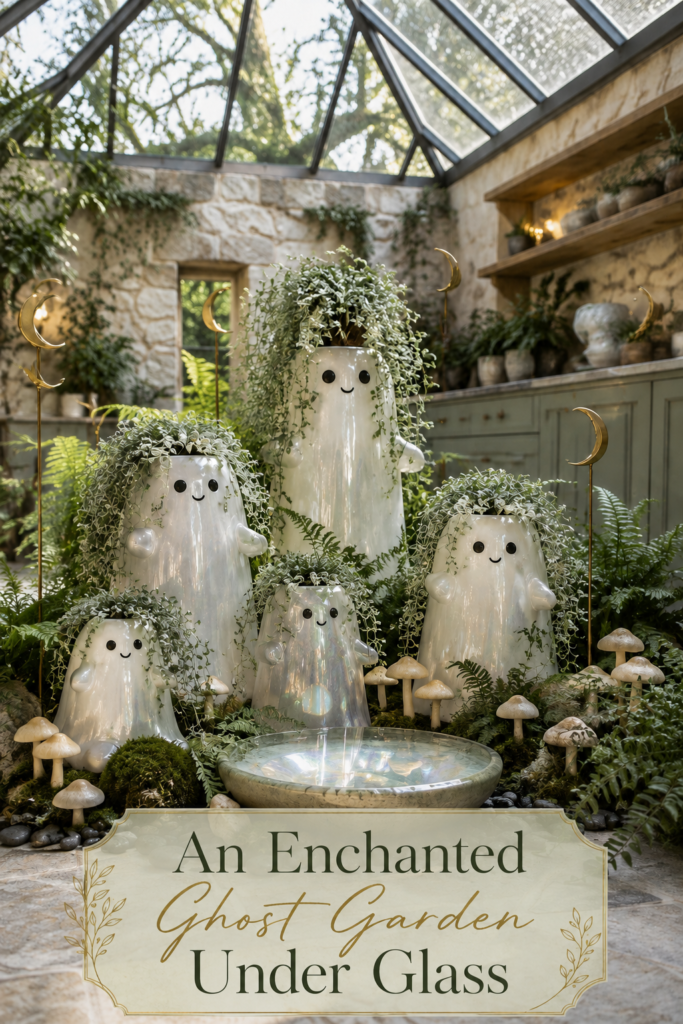 Enchanted Halloween ghost garden under glass with planted white ghosts woodland greenery and warm editorial title
