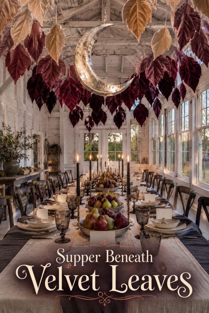 Enchanted Halloween Tablescape with Velvet Leaves and Pears