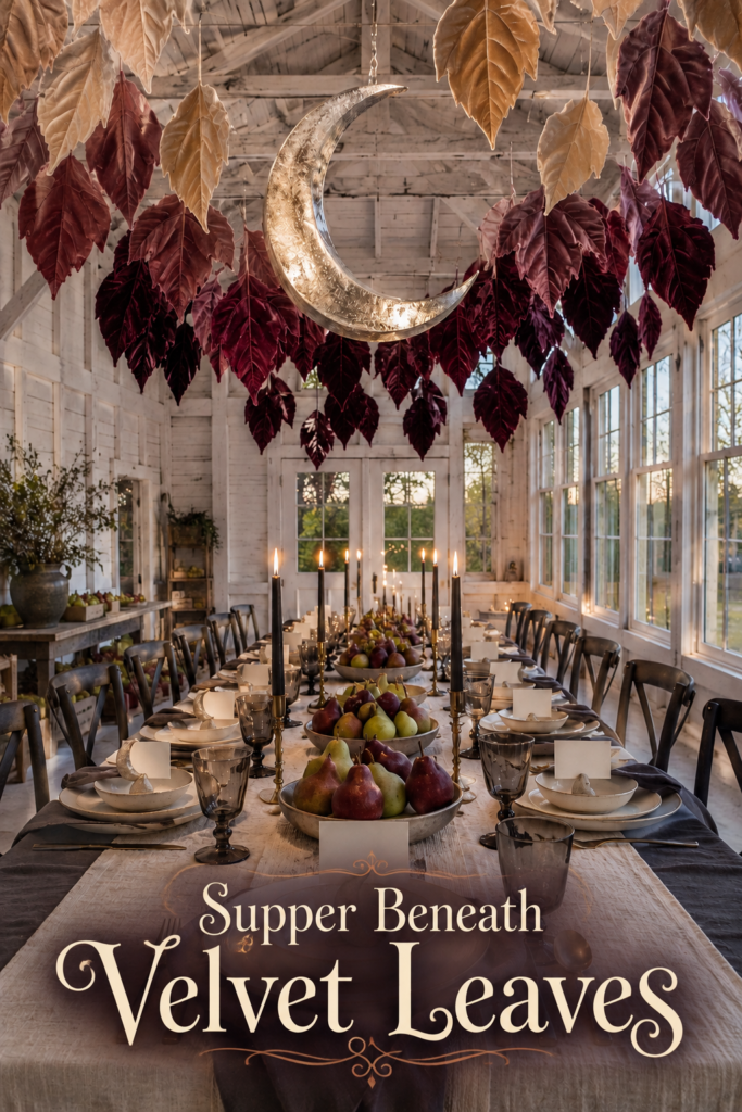 Enchanted Halloween Tablescape with Velvet Leaves and Pears