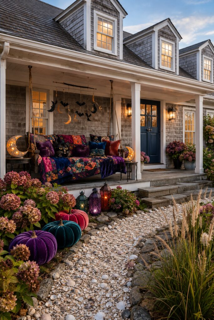 Cape Cod porch swing with jewel tone patchwork quilts velvet pumpkins black cat pillows moon lights and lanterns for Halloween