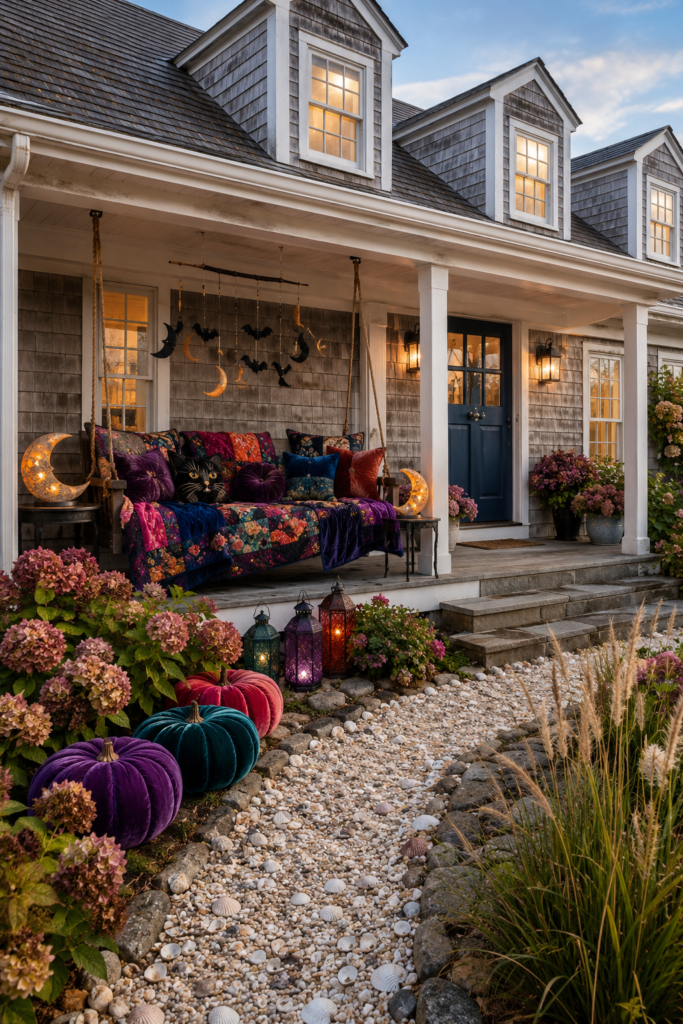 Cape Cod porch swing with jewel tone patchwork quilts velvet pumpkins black cat pillows moon lights and lanterns for Halloween