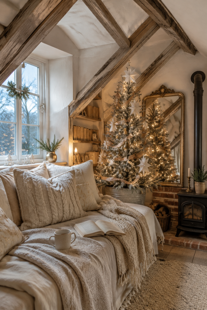 Neutral Christmas attic reading nook with knit pillows paper star tree antique mirror and black stove