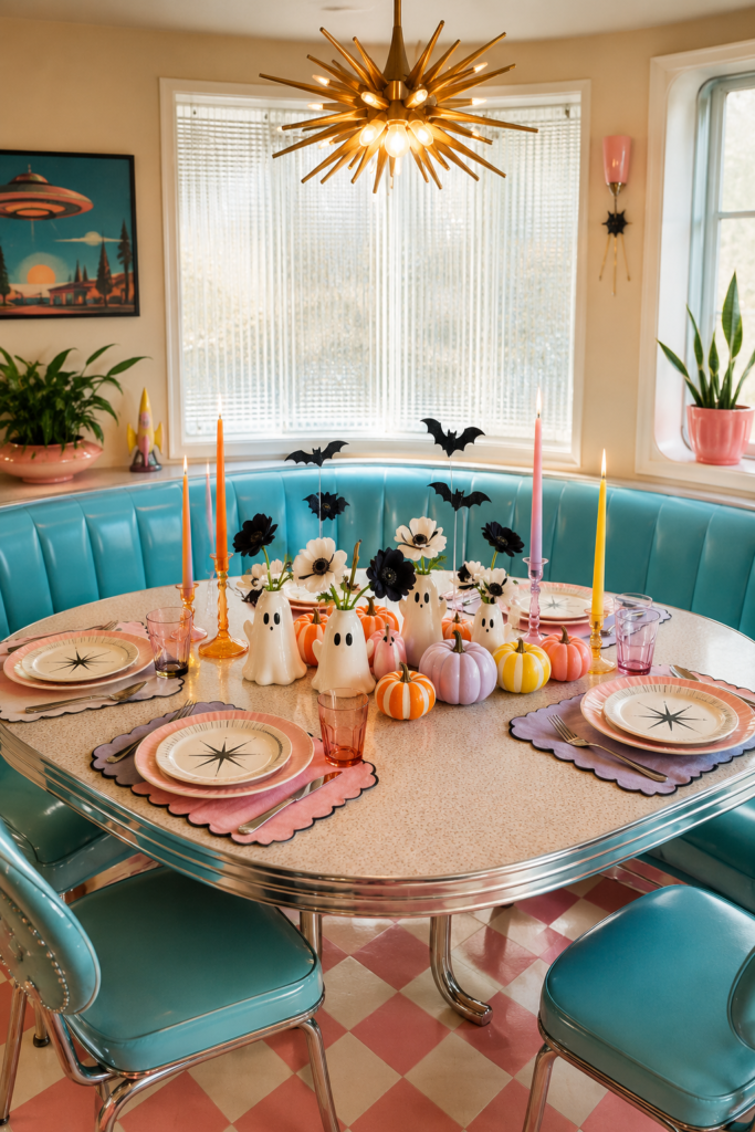 Retro diner Halloween brunch table with ghost flower vases pastel pumpkins bat picks atomic plates and candy colored candles