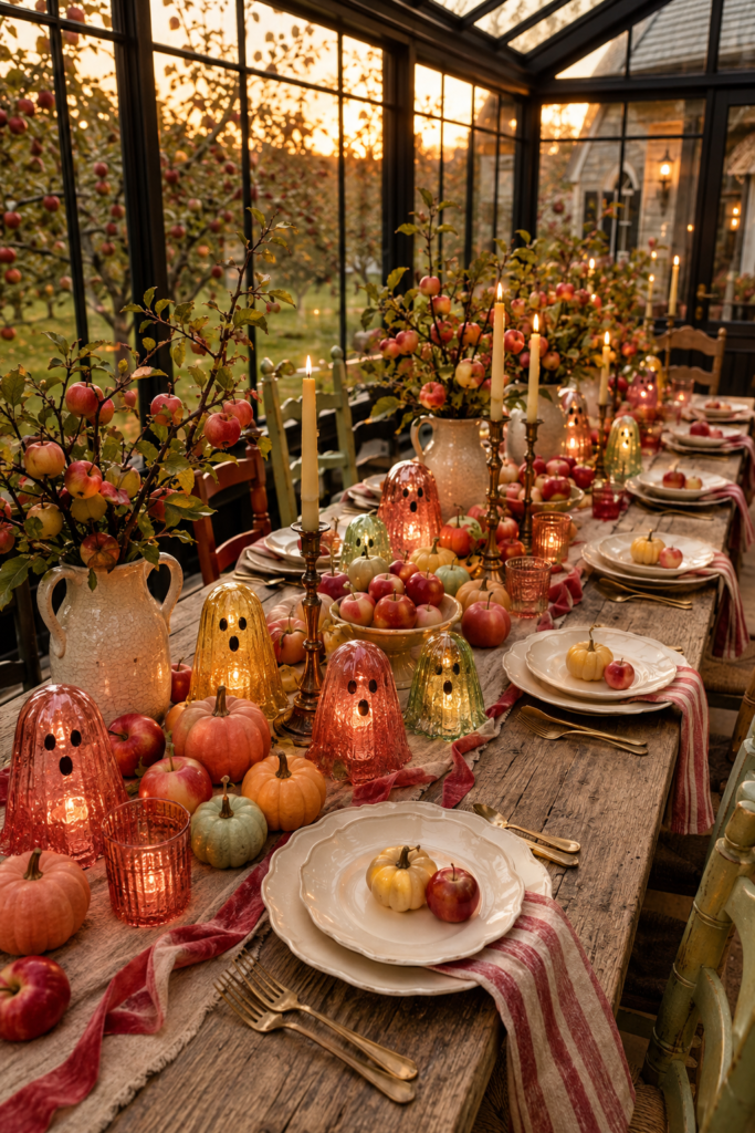 Enchanted Halloween orchard supper with glass ghosts apple branches pumpkins and candles on a farmhouse table