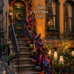 Enchanted raven ribbon entry headline beside an Italianate doorway with lantern pumpkins and flowing Halloween fabric