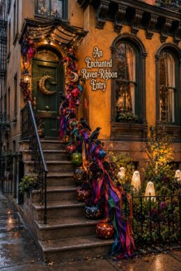 Enchanted raven ribbon entry headline beside an Italianate doorway with lantern pumpkins and flowing Halloween fabric