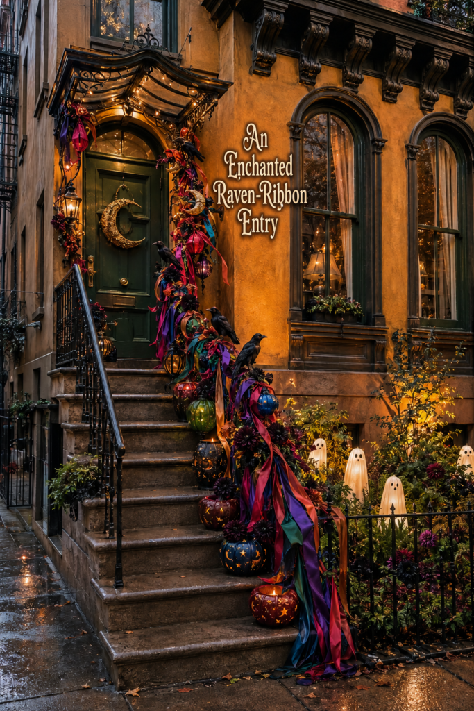 Enchanted raven ribbon entry headline beside an Italianate doorway with lantern pumpkins and flowing Halloween fabric