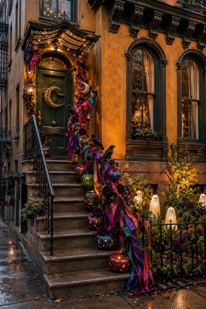 Enchanted Italianate stoop with raven decorations jewel toned ribbons crescent wreath glowing pumpkins and garden ghosts