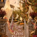 Enter the ghost orchard title on a ribboned Halloween garden gate with floating ghosts and glowing pumpkin lights