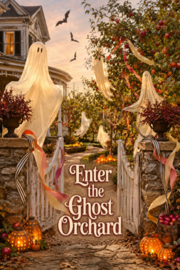 Enter the ghost orchard title on a ribboned Halloween garden gate with floating ghosts and glowing pumpkin lights